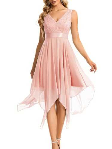 Ever-Pretty Women's Sleeveless V Neck Empire Waist A Line Lace Chiffon Knee Length Prom Evening Dresses with Asymmetry Hem 00207