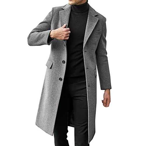 TDEOK Wool Coat Men's Long Grey Coat Winter Coat Slim Fit Wool Coat Business Men's Coat Long Trench Coat Jackets Business Overcoat Single Breasted Blazer Coat Western Coat