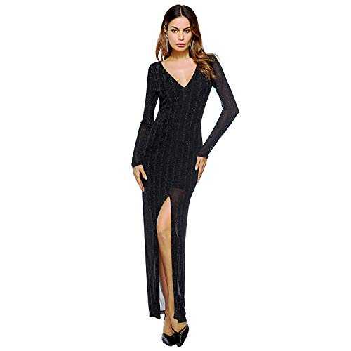 EUMI Women's Sexy V Neck Prom Dress Sparkly Long Sleeves Formal Evening Party Gown