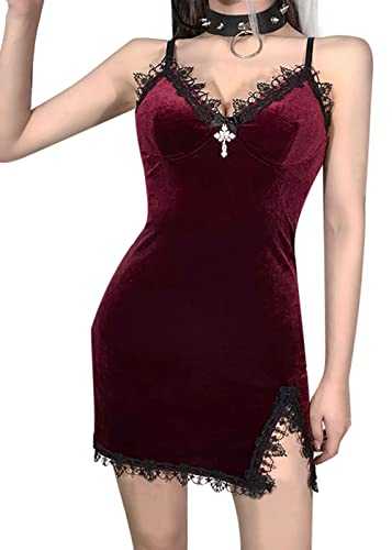 Gothic Mini Dress Women Spaghetti Straps Vintage Velvet Side Slit Short Goth Party Dresses
