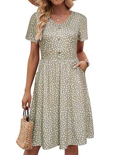 YATHON Summer Dresses for Women 2023 with Sleeves Cotton V Neck Button Down A Line Casual Dress Pockets