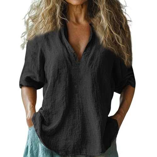 HOOUDO Linen Tops for Women UK Summer Cotton Linen Long Sleeve Blouses Loose Baggy T-Shirt Trendy Casual Tunic Tee Top Plain V Neck Shirts Pullover