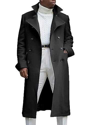 UANEO Mens Double Breasted Long Trench Coat Wool Blend Casual Pea Coats Jackets