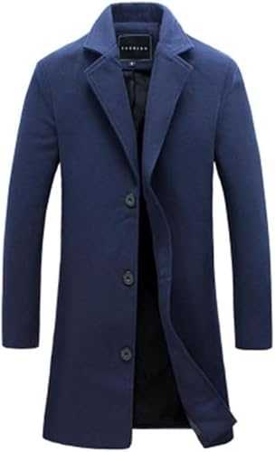 WAIDFU Men's Wool Overcoat Long Trench Coat Regular Fit Notched Collar 3 Button Winter Woolen Jackets Coat Peacoat