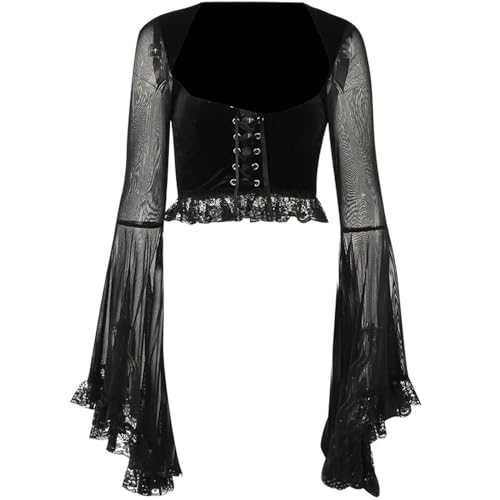 Tops for Women Goth Sexy Lace Flared Long Sleeve Corset Crop Tops Women Aesthetic Black Velvet V-Neck T-Shirts Y2K Vintage Tops Tees