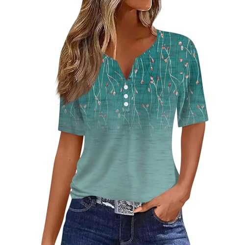 Summer Tops for Women UK V Neck Pattern Print Henley Shirt Short Sleeve Hawaii Tshirt Button Down Work Tops Stylish Oversized T Shirts Party Tops Polo Shirts Summer Custom T Shirts Tunic Tops