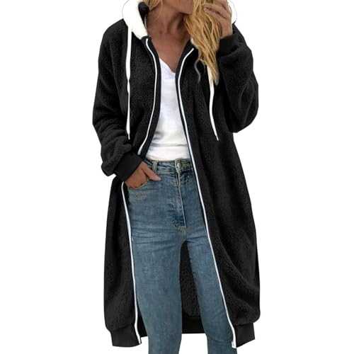AMhomely Teddy Bear Hoodies For Women UK Ladies Long Hooded Sweatshirts Plus Size Oversized Casual Thermal Jacket With Pocket Drawstring Fleece Hooded Cardigan Oversized Fleece Jacket Overcoat