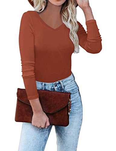 REVETRO Women's V Neck T-Shirts Basic Long Sleeve Winter Thin Layer Tee Slim Fit Tights Shirt