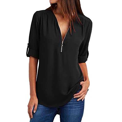 Women Tops Chiffon Half Zip V Neck Plain Shirt Adjustable Long Sleeve T Shirt Smooth Soft Undershirt Womens Spring Blouse Elegant Summer Tee Undershirt Beach Gym Casual Streetwear