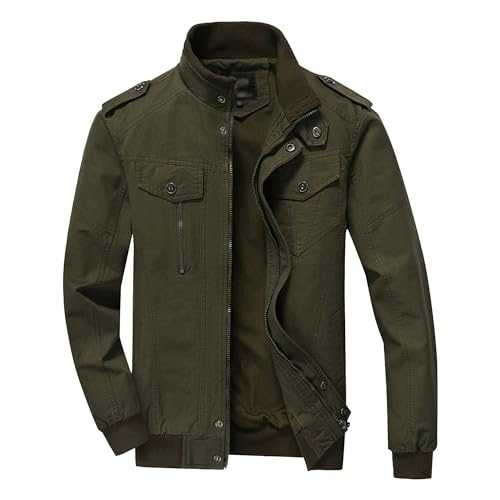Men's Multi-Pocket Cargo Jacket Stand Collar Military Bomber Coat Cotton Lightweight Windbreaker Jackets