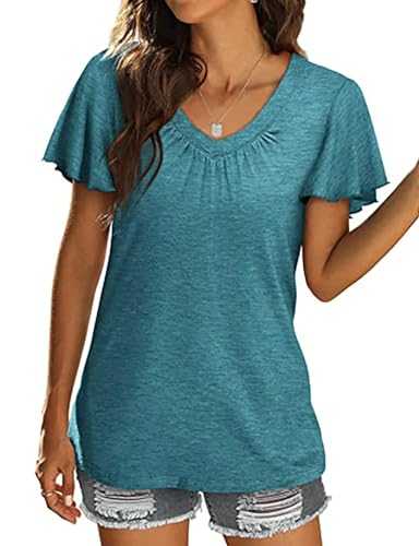 Akiooue T Shirts for Women UK Casual Ruffle Short Sleeve V Neck Pleated Summer Tops Basic Solid Tee Shirt
