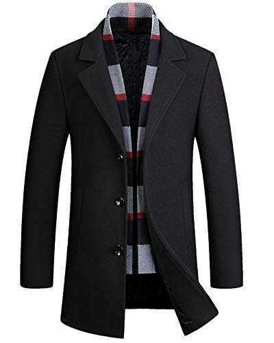 PRIJOUHE Men's Single Breasted Wool Blend Trench Coat Slim Fit Woolen Winter Overcoat Jacket with Removable Scarf