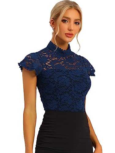 Allegra K Women's Elegant Floral Lace Blouse Short Sleeve Keyhole Back Fitted Semi Sheer Top
