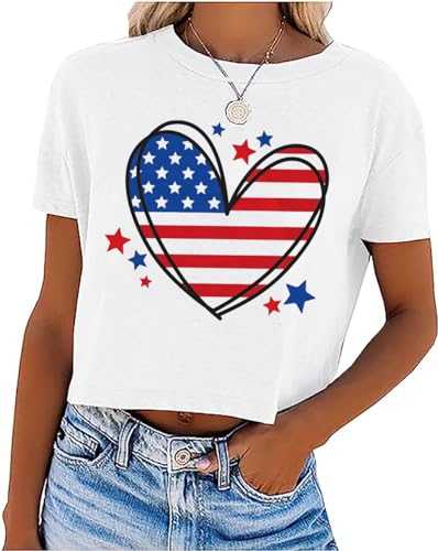Womens American Flag Crop Tops 4th of July Patriotic Tshirt Casual Short Sleeve Crop Tee Teen Girls Crop Top