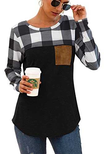 Cowl Neck Sweatshirt for Women Long Sleeve Blouse Top with Buffalo Plaid Pocket