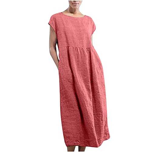 Women Dresses Sale Clearance Ladies’s Solid Sleeveless O-Neck Maxi Pockets Linen Loose Baggy Kaftan Long Dress for Special Occasions Party Cocktail Dress Summer Casual Dresses UK Size