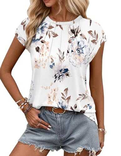 WNEEDU Ladies Tops Summer T-Shirt for Women UK Casual Blouse Leisure Pleated Round Neck Tank Top