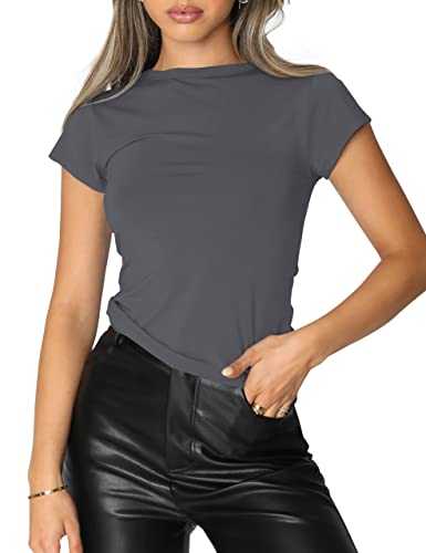 LAUWEE Women Summer Basic T Shirts Crew Round Neck Slim Fit Tight Casual Crop Tops Tee Y2K Trendy Going Out Outfits