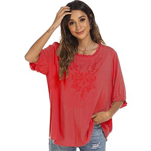 Grosy Women's Embroidered Plain Tunic Tops for Summer Fall Spring, Simple Elegant Dressy Blouse Casual Embroidery Solid Shirt