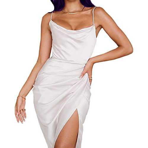 KBRPEY Women's Casual Satin Dress Women Low Cut Backless Maxi Dress Spaghetti Strap Deep V-Neck Backless Ruched Bodycon Slips Side Slit Cocktail Party Silk Mini Club Cami Midi Dresses