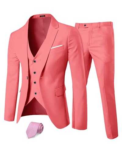 YND Men's Slim Fit 3 Pieces Suit, One Button Solid Jacket Pants Set with Tie for Wedding Party Business Prom