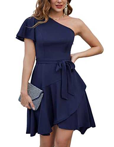 GRACE KARIN Women's Summer Wedding Guest Dress Elegant One Shoulder Cocktail Dress Ruffle Short Sleeve A Line Party Dress