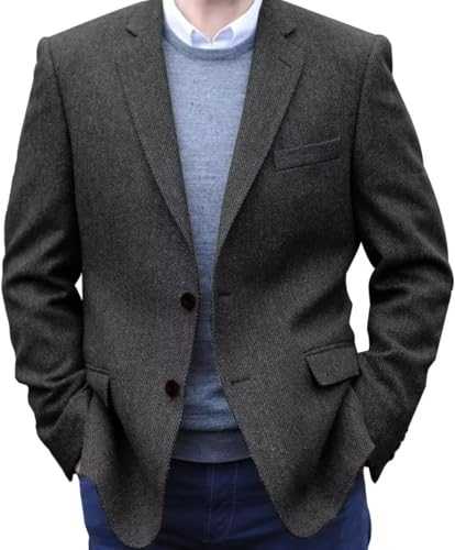 Mrbuerly Men's Tweed Blazer Jacket 2 Button Lightweight Herringbone Casual Sport Coat Wedding Groomsmen Prom Jackets