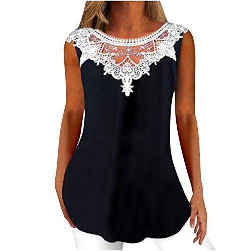 AMhomely Ladies Tops Size 20 UK Dressy Summer Sexy Fold Printed Regular Lace Trim Sleeveless V Neck Button Tank Top Hollow Out Shirt Top Blouse Breathable Hawaii Tshirt Hiking