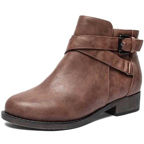 Ataiwee Women's Ankle Boots - Cover with Buckle Strap, Round Toe, Classic Side Zip, Comfortable Platform, Low Chunky Heel Comfort Slip On Fashion (Black/Dark Brown/Grey) Boots
