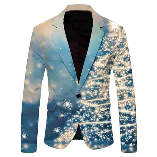 Men's Christmas Suit Xmas Snowflake Santa Printed Pocket Lapel Button Suit for Party Single Braested Blazers Pattern Lightweight Pocket Suit Jacket Classic Blazers for Men