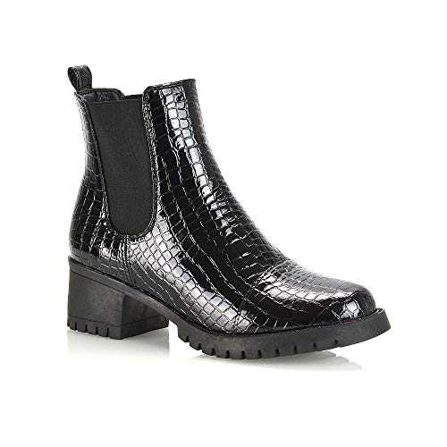 ESSEX GLAM Womens Ankle Boots Ladies Platform Heeled Pull On Elasticated Sides Black Booties Shoes Size 3 4 5 6 7 8
