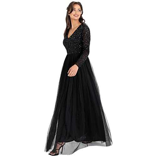 Maya Deluxe Women's Ladies Maxi Dress Long Sleeves V Neckline Plunging Sequin Embellished for Wedding Guest Bridesmaid Prom