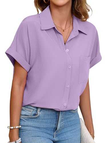 TASAMO Womens Casual Cuffed Short Sleeve Collared Shirt Work Blouse with Pocket