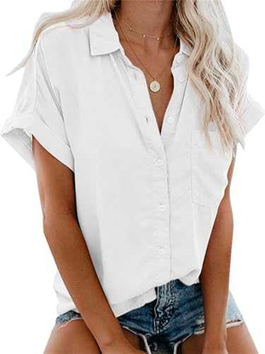 Friptspyg Women Blouse Shirt Short Sleeve V Neck 100% Cotton Casual Shirt Button Down Summer Elegant Oversize Loose Fit with Pocket