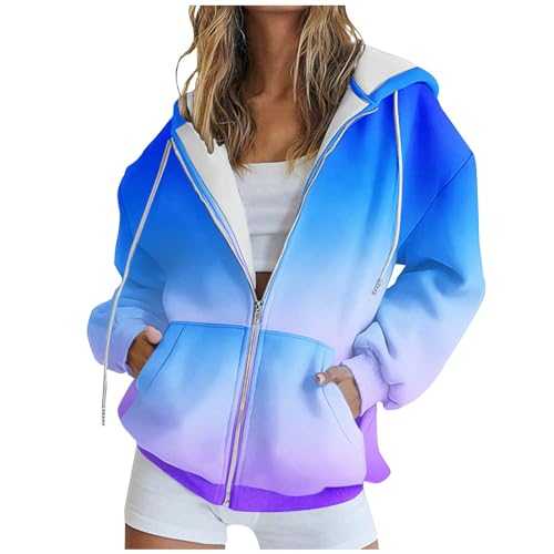 Casual Sweatshirts for Women UK Fashion Retro Gradient Colour Long Sleeve Zipper Cardigan Hoodies Jackets Ladies Loose Comfortable Going Out Lounge Blouse with Pockets