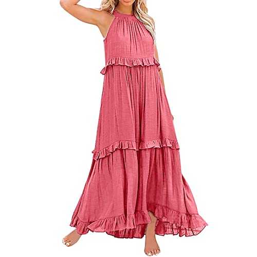 AMDOLE Chambray Striped Dress Women Summer Boho Long Solid Color Loose Sleeveless Neck Ruffle Maxi Beach Dress plus Size Dress Casual