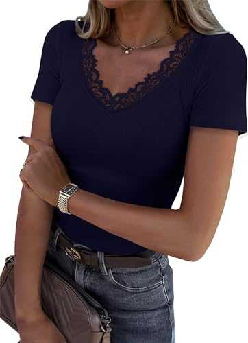 LUXVEER Women Short Sleeve Lace V Neck Shirts Ribbed Knit Fitted Basic Tee Tops Business Dressy Casual Summer Blouses T-Shirt