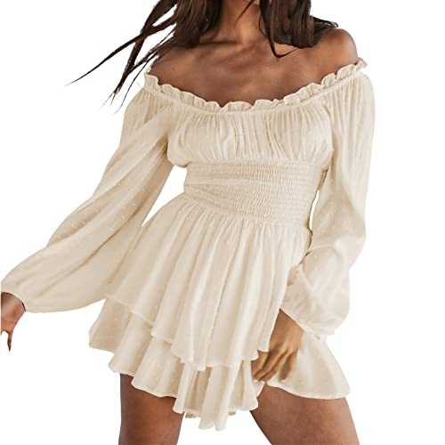 Women Casual Floral Womens Casual Ruffled Layered Chiffon Culottes Crew Neck Off Shoulder Swing Mini Dresses Summer Party Dress