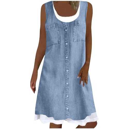 Petite Dresses for Women Women's Sleeveless Vest Round Neck Faux Denim Pocket Print Two Casual Dress Green Bodycon Dress Sequins Dresses for Women UK Flattering to Hide Tummy