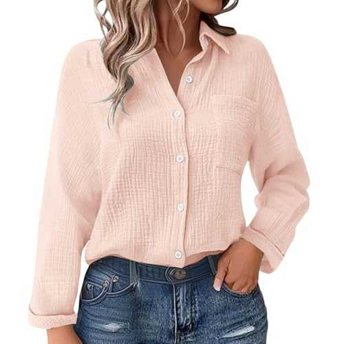 Linen Blouse Women's Long Sleeve Button Down Linen Shirt Plain Elegant Casual Tunic Blouse Shirt Muslin Shirt Long Sleeve Women's Blouses Casual Shirt with Pockets Large Sizes Linen Clothing