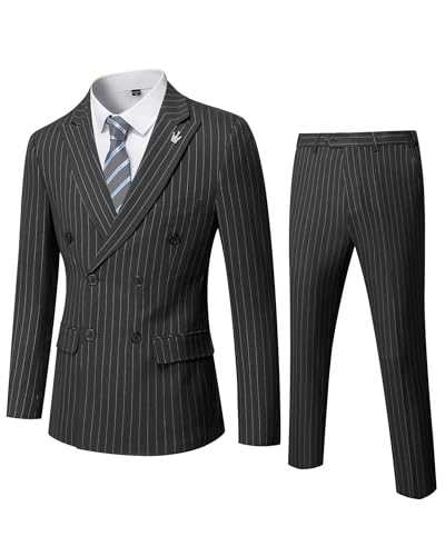 YND Men's 2 Piece Slim Fit Suit, Double-Breasted Stripe Tuxedo Set with Tie, Party Wedding Dress Blazer, Tux and Trousers