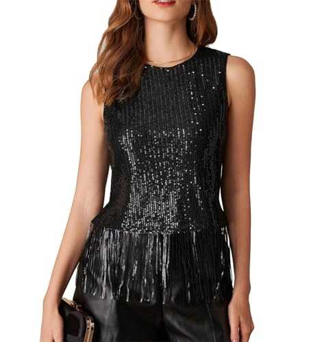 GRACE KARIN Women Sleeveless Sequin Tops Crew Neck Party Sparkly Blouse with Fringed Hem