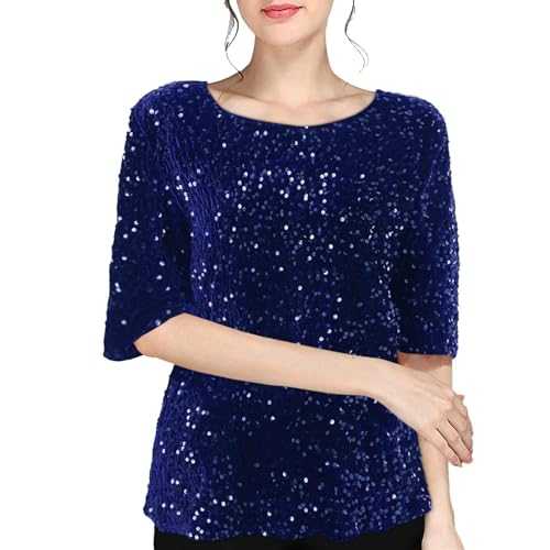 Sequin Blouse for Women UK Shimmer Glitter Shirts Sparkle Tops 3/4 Sleeve Crew Neck Tshirts Loose Fit Elegant Tee Shirt Party Club Casual Soft Comfy Tunic Top Ladies Plus Size 8-18