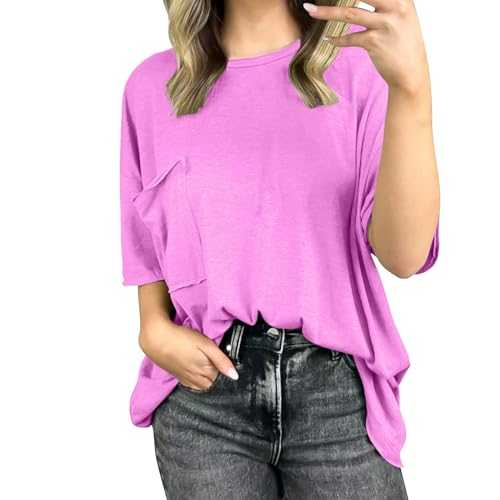 VEMOW Women T Shirts Solid Color Round Neck Short Sleeve Blouse Casual Crewneck Tees with Pocket Summer Loose Basic Tunic Tops