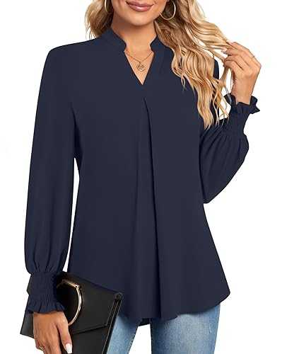 Womens Blouses Fashion 2024 Long Sleeve V Neck Loose Casual Shirts Chiffon Tops with Smocked Cuffs