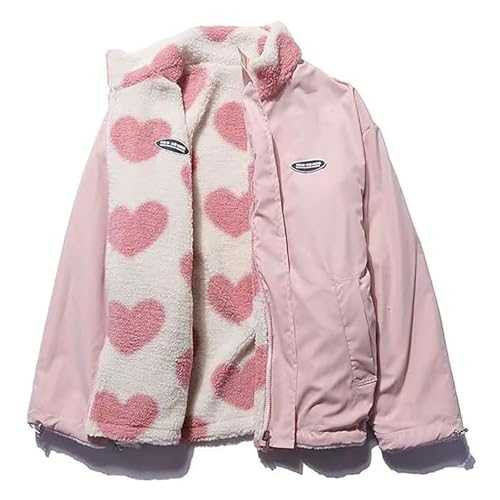 GOZYLA Women's Fleece Zip Up Jackets Reversible Kawaii Heart Print Zipper Coats Aesthetic Y2k Clothes Tops E-Girl Baggy Sweatshirt