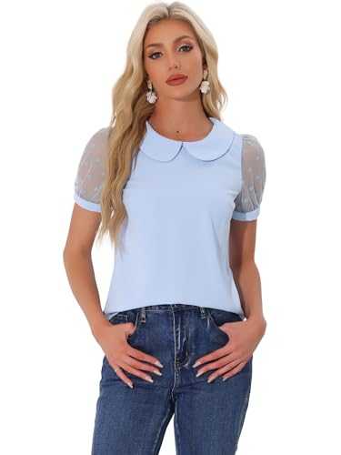 Allegra K Women's Peter Pan Collar Top Puff Short Sleeve Vintage Polka Dots Mesh Sleeve Blouse