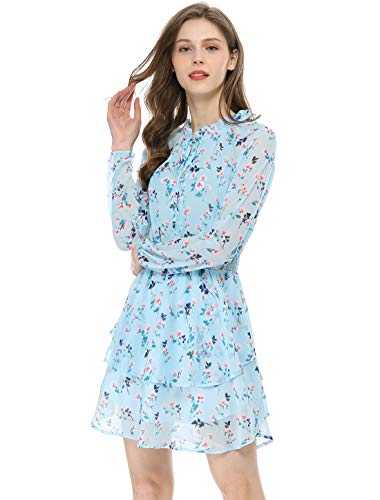 Allegra K Women's Mini Floral Tie Neck Smocked Waist Layered Chiffon Dress