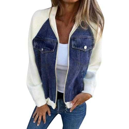Liviiaa Modern Denim Jacket, Modern Jacket with Denim Fabric, Women's Autumn Winter Long Sleeve Zipper Hit Color Denim Stitching Casual Hooded Outwear Jacket