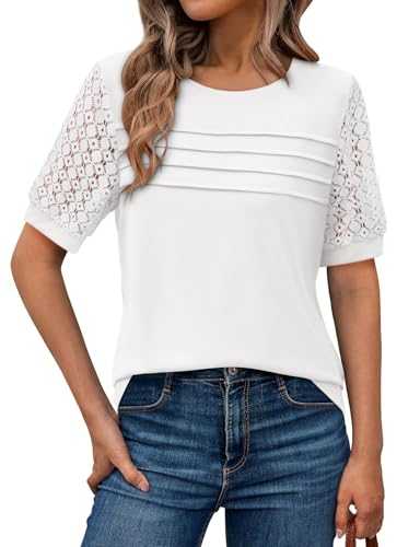 Gemulate Short Sleeve Office Blouses Clothes Work Tunic Tops Shirts for Women Ladies Crewneck Top Ladies White Tops Solid Loose Casual Blouses Tee White L